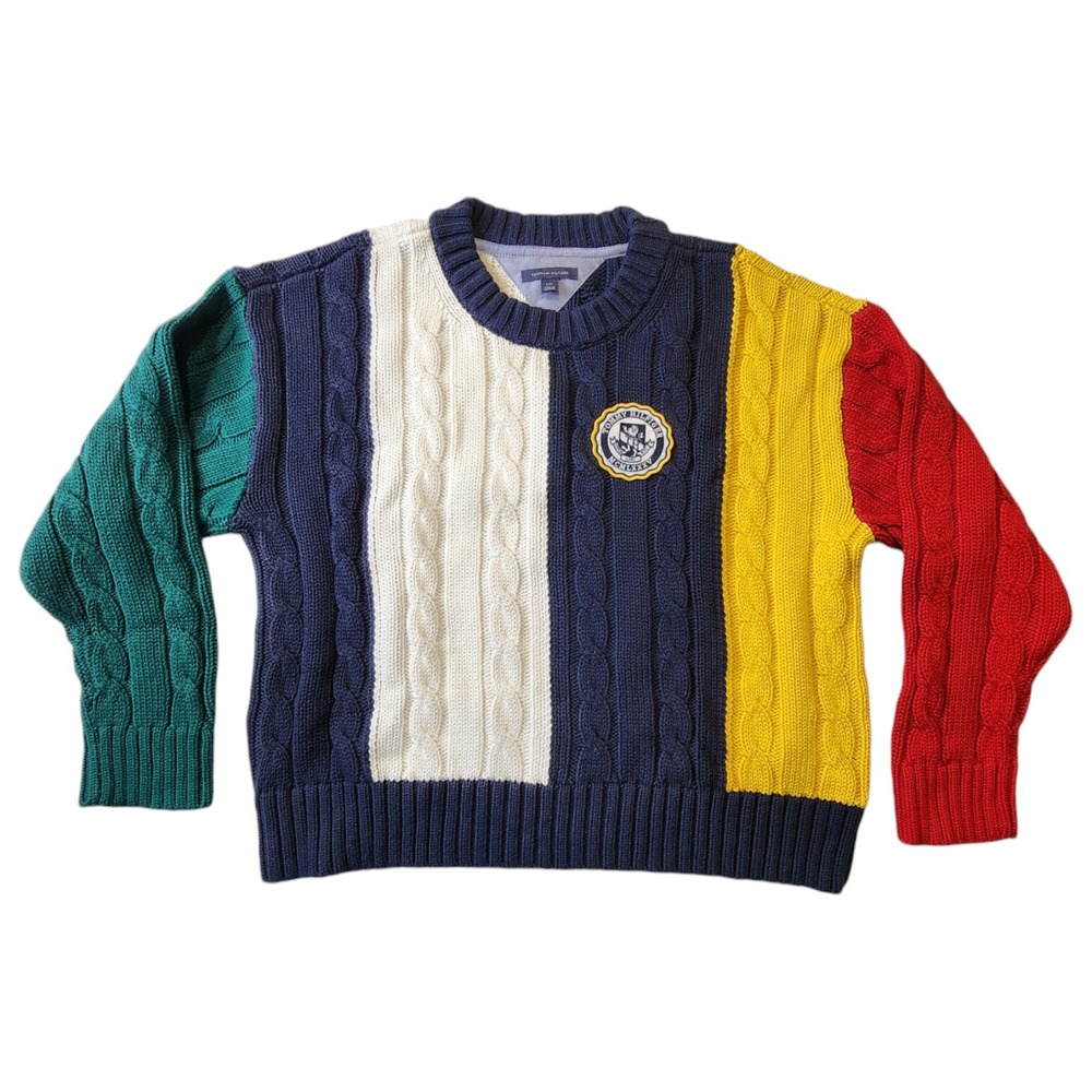 Tommy Hilfiger Women's Sweater Cable Knit Crewneck Pullover Heavy Cotton Sz L